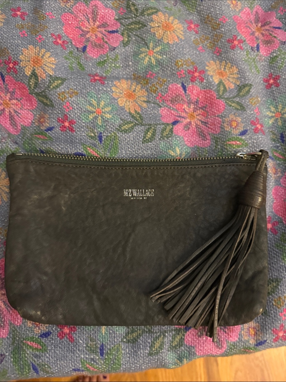MZ Wallace Black Leather Tassel Zip clutch